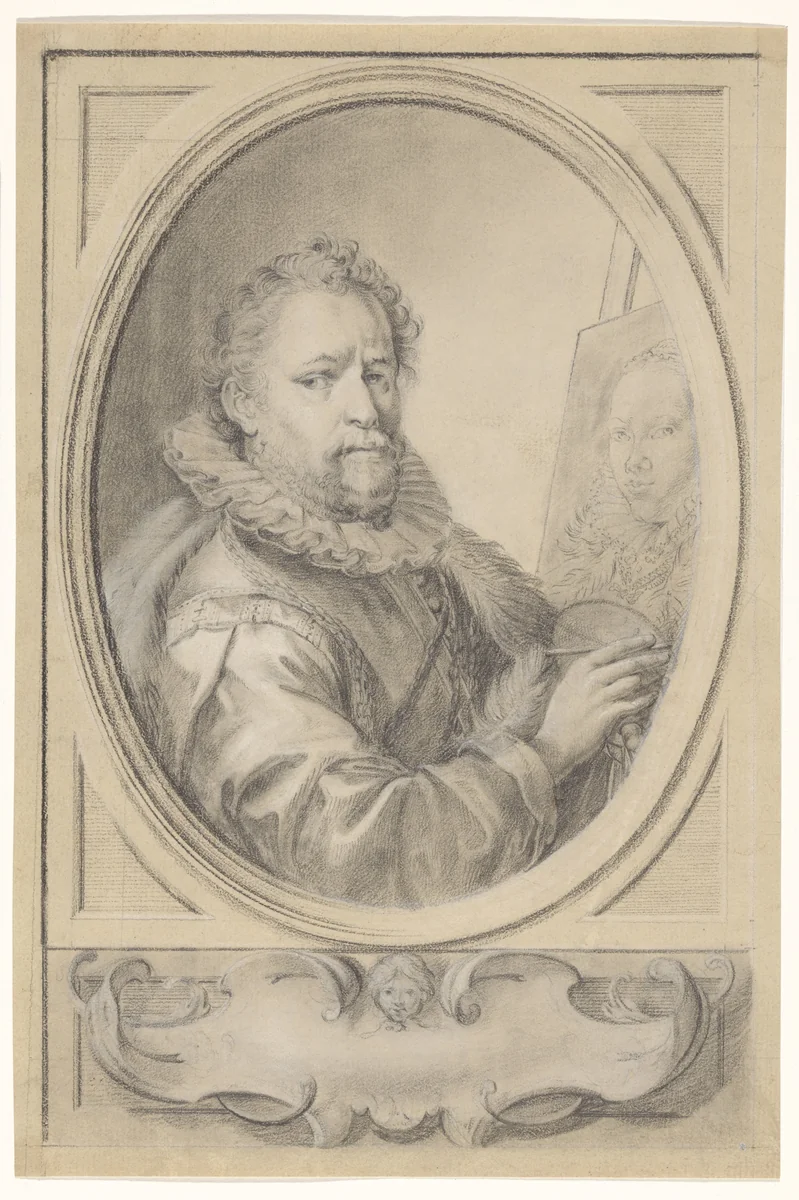 Portret van Bartholomeus Spranger, het portret van zijn vrouw schilderend by Gaspare Redi, drawing, 1731