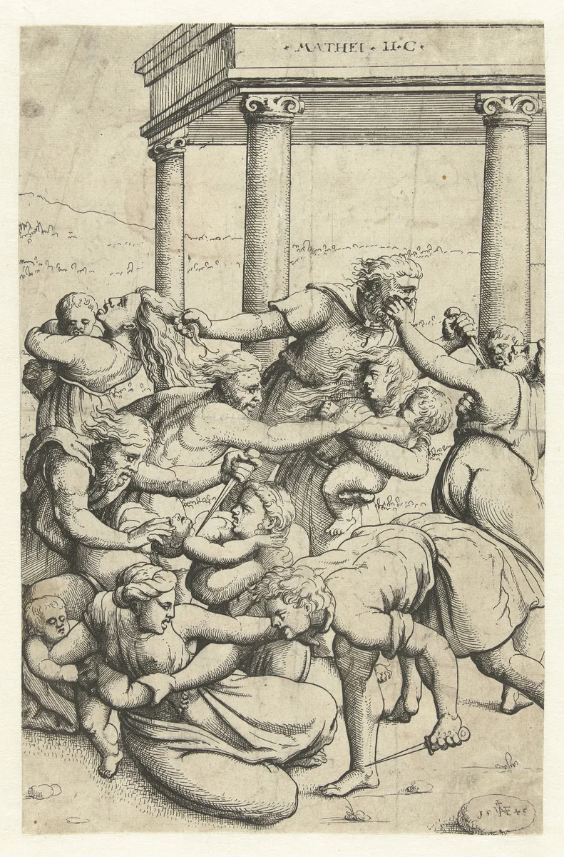 Soldaten van Herodes vermoorden kinderen by Unknown, print, 1545
