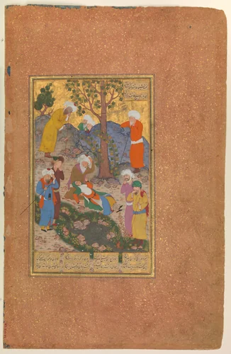 "Shaikh San'an and the Christian Maiden", Folio 22v from a Mantiq al-Tayr (Language of the Birds) by Farid al-Din `Attar, manuscript, 1575-1625