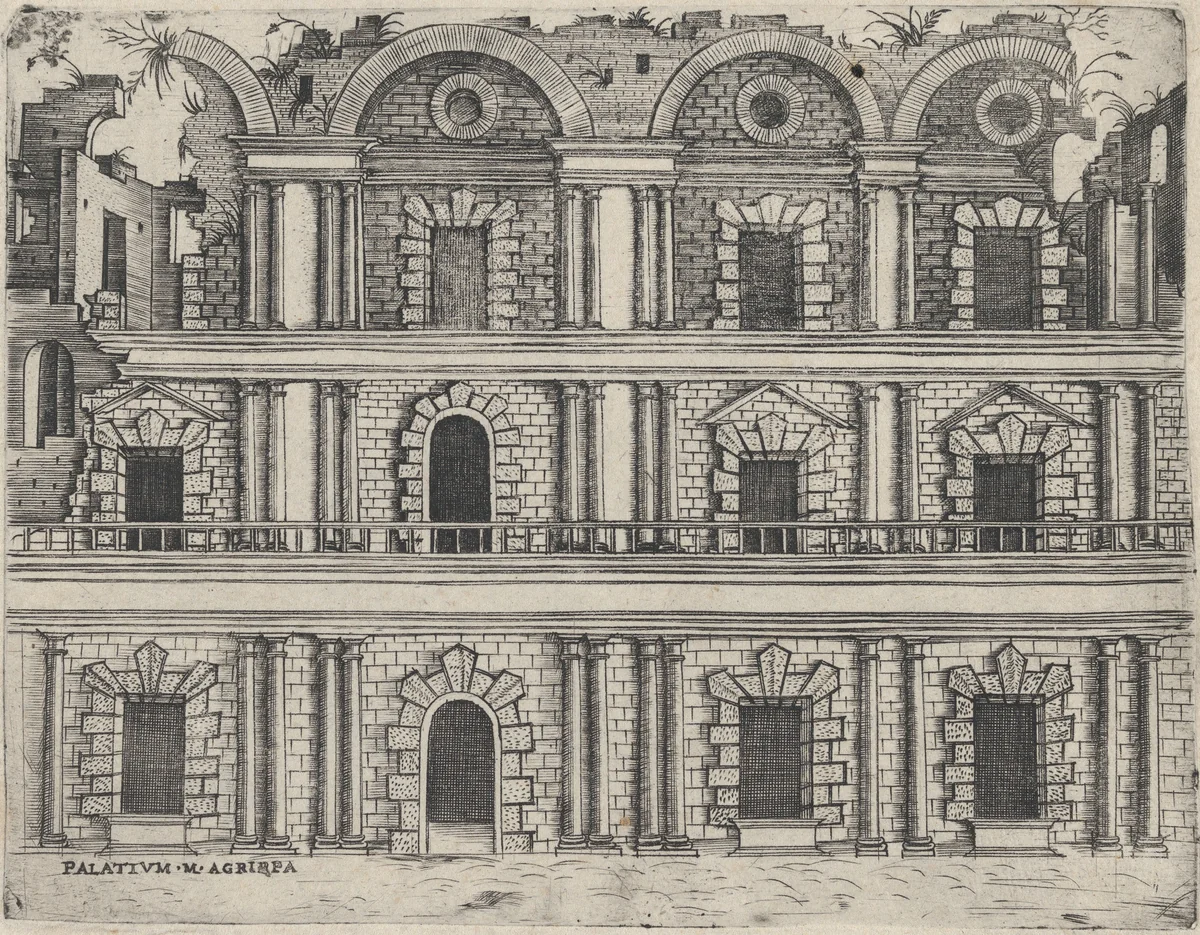 Palatium M. Agrippa, from a Series of 24 Depicting (Reconstructed) Buildings from Roman Antiquity by anonymous, print, 1530-1550