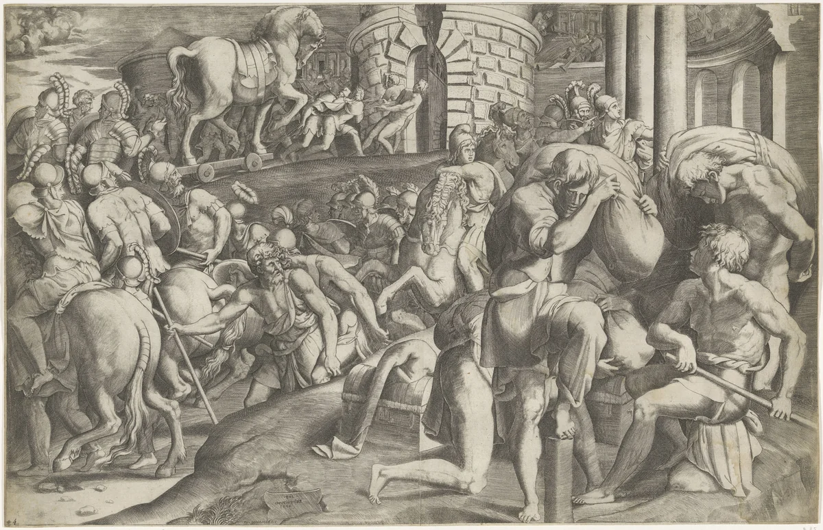 Trojanen halen het houten paard binnen by Unknown, print, 1545
