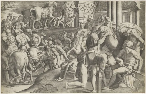 Trojanen halen het houten paard binnen by Unknown, print, 1545