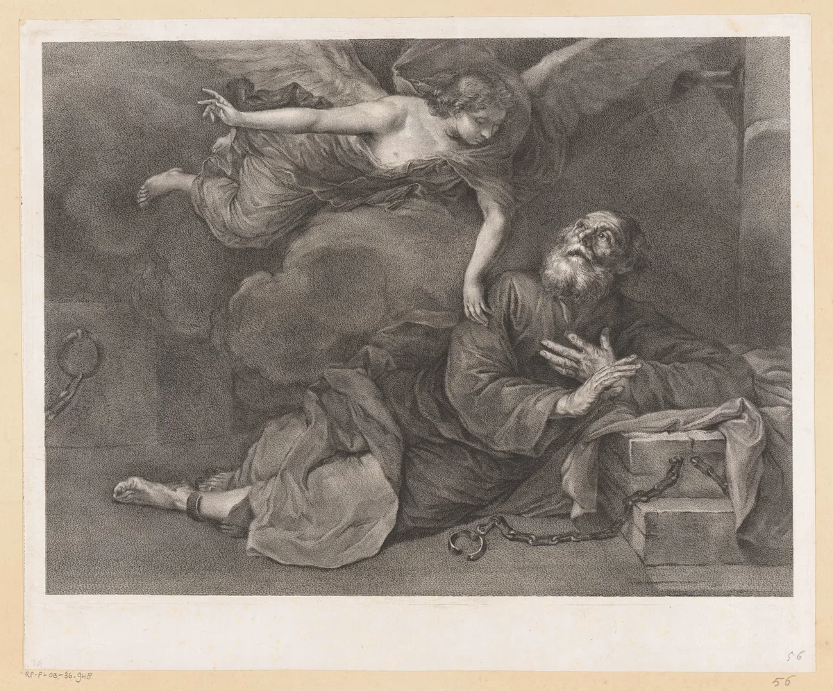 Bevrijding van Petrus uit de gevangenis by Giovanni Marco Pitteri, print, 1712-1786
