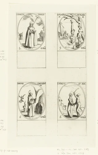 Heilige Theresia van Avila, Heilige Placidus en Heilige Flavia van Subiaco, Heilige Bruno de Kartuizer, Heilige Fides van Agen (5-6 oktober) by Jacques Callot, print, 1632-1636
