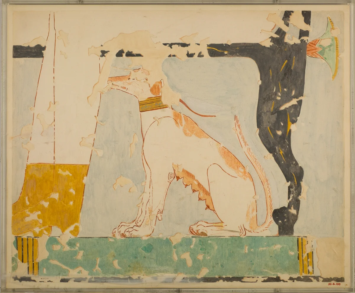 Facsimile of a painting in the tomb of Nebamun: dog seated beneath Its owner's chair by Charles K. Wilkinson, artwork, -1473--1458