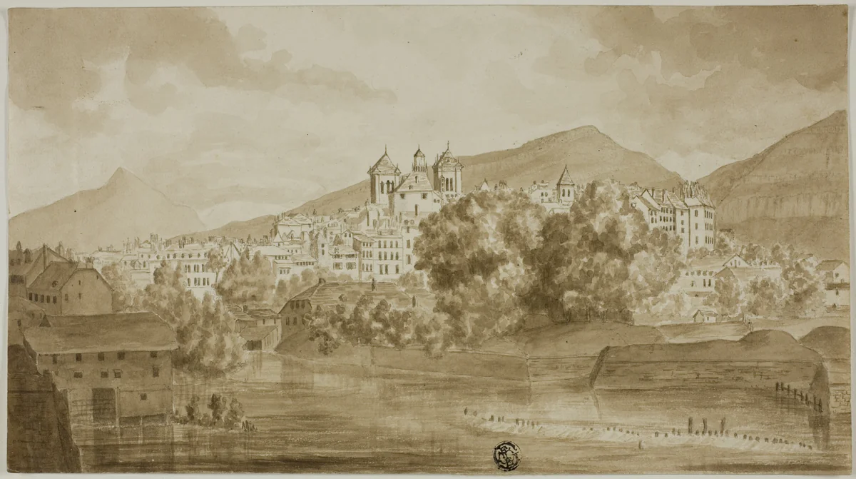 View of Town Overlooking River by Unknown Artist, drawing, 1800-1899