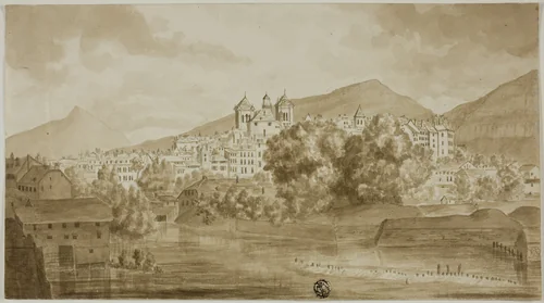 View of Town Overlooking River by Unknown Artist, drawing, 1800-1899