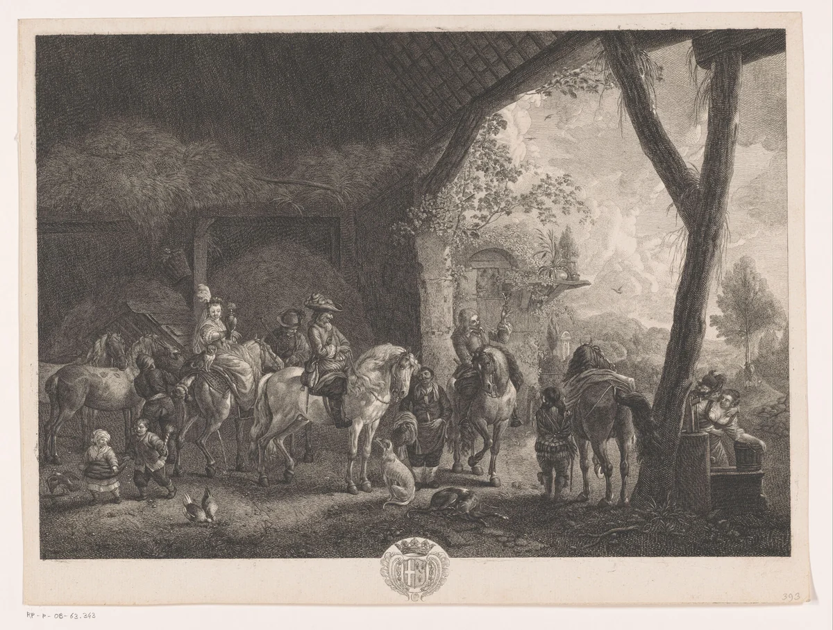 Jachtgezelschap, vertrekkend uit een stal by Jean Moyreau, print, 1739