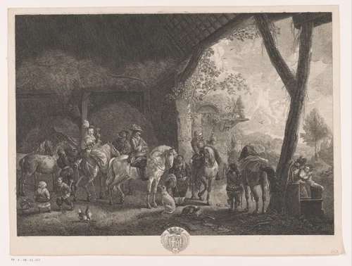 Jachtgezelschap, vertrekkend uit een stal by Jean Moyreau, print, 1739