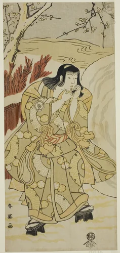 The Actor Iwai Hanshiro IV as a Boy Blowing on His Hands beside a Large Snowball, in the Play Nigiwai Genji Hana Saku Kado, Performed at the Kawarazaki Theater in the Eleventh Month, 1793 by Katsukawa Shun'ei (勝川春英), print, 1788-1798