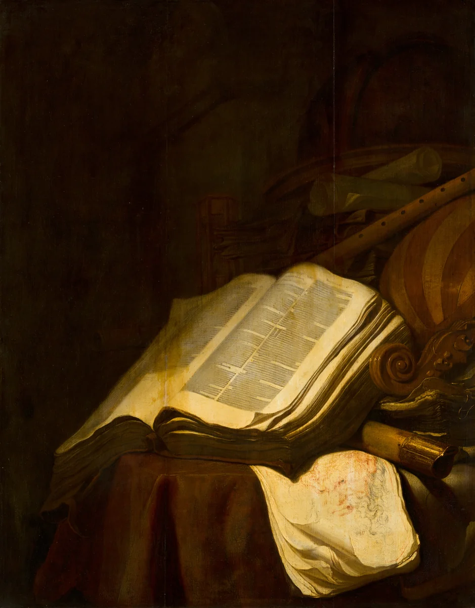 Still Life with Books and Musical Instruments by Jan Vermeulen, painting, 1660