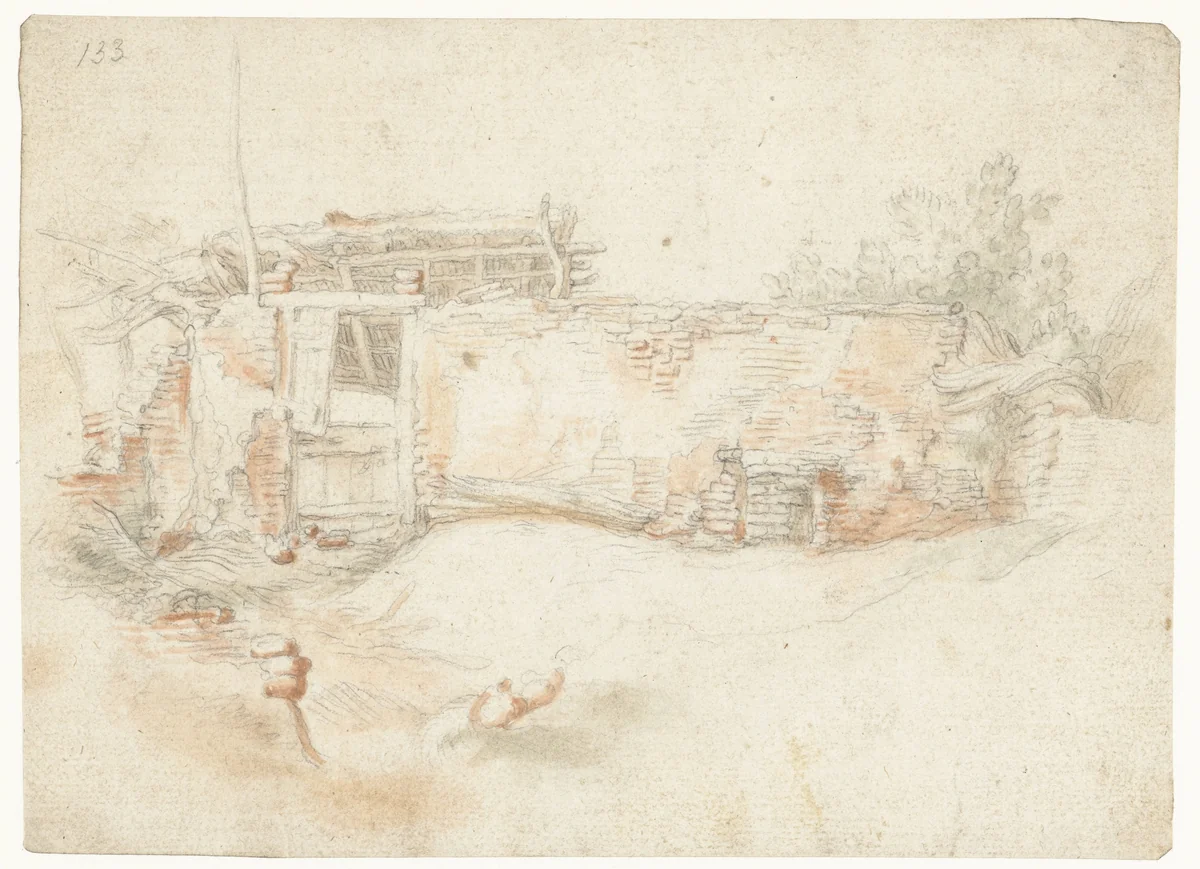 Vervallen boerderij by Abraham Bloemaert, drawing, 1571-1629