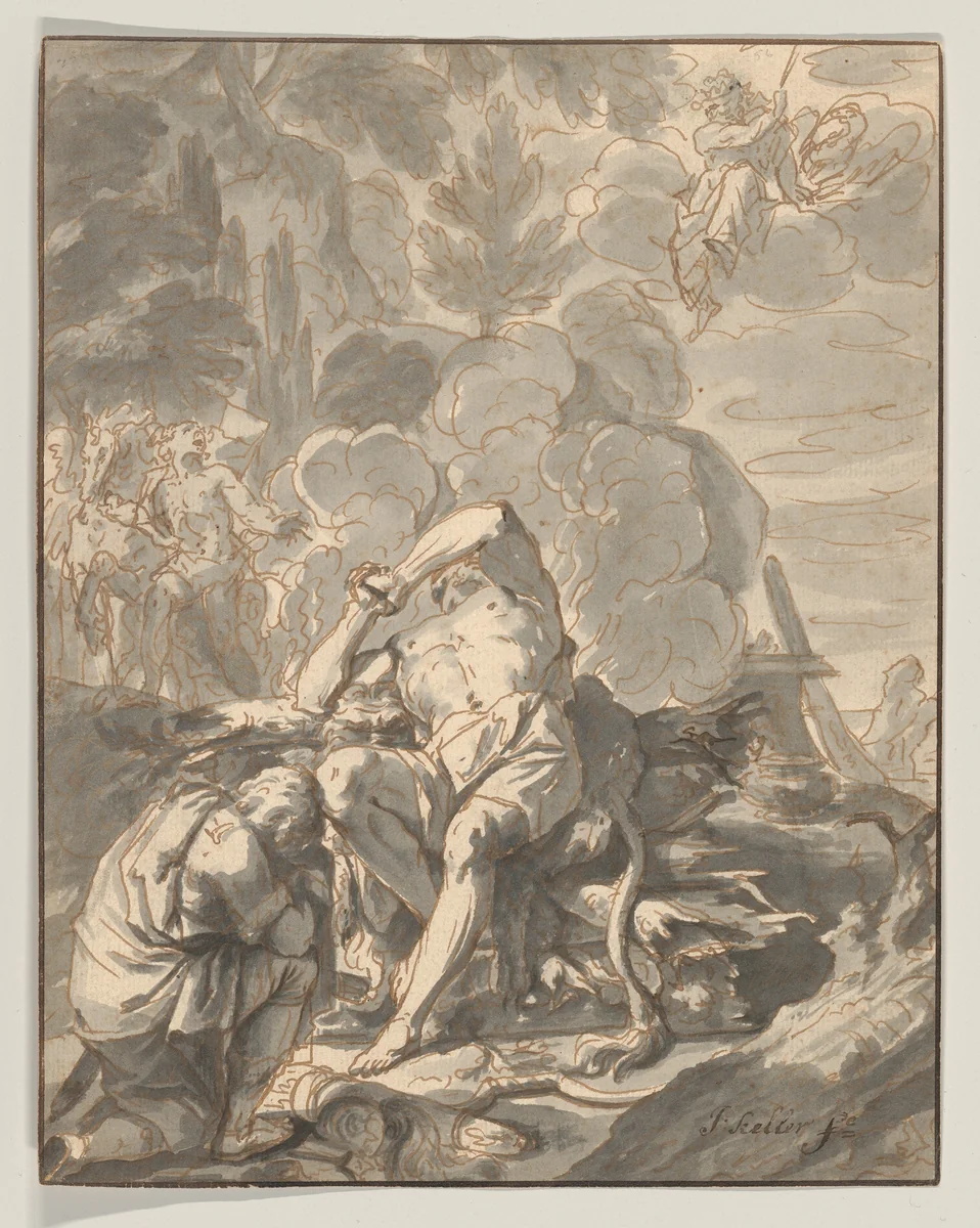 Hercules on the Stake by Johann Heinrich Keller, drawing, 1712-1765