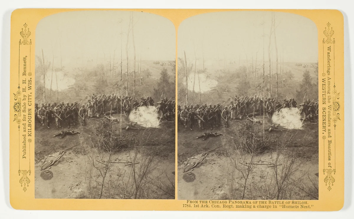 1st Ark. Con. Regt. making a charge in "Hornets Nest", from the series "The Chicago Panorama of the Battle of Shiloh" by Henry Hamilton Bennett, photograph, 1887
