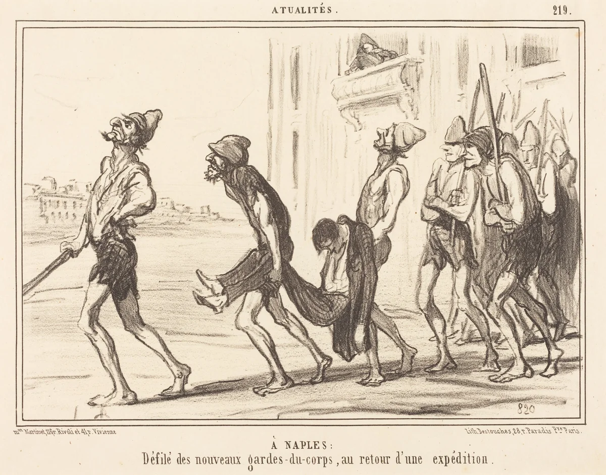 A Naples: Défilé des... gardes-du-corps... by Honoré Daumier, print, 1855
