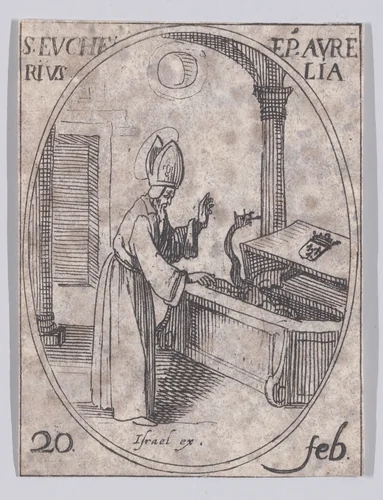 S. Eucher, évêque d'Orléans (St. Eucherius, Bishop of Orleans), February 20th, from "Les Images De Tous Les Saincts et Saintes de L'Année" (Images of All of the Saints and Religious Events of the Year) by Jacques Callot, print, 1636