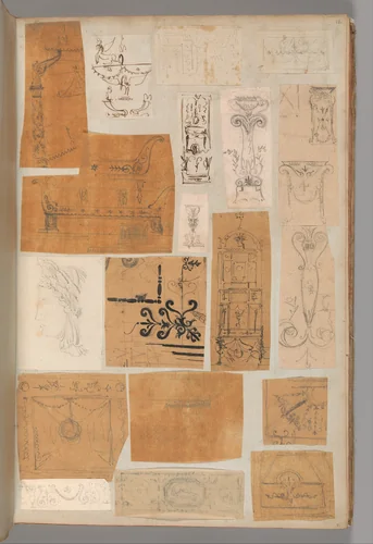 Page from a Scrapbook containing Drawings and Several Prints of Architecture, Interiors, Furniture and Other Objects by Charles Percier, book, 1795-1805