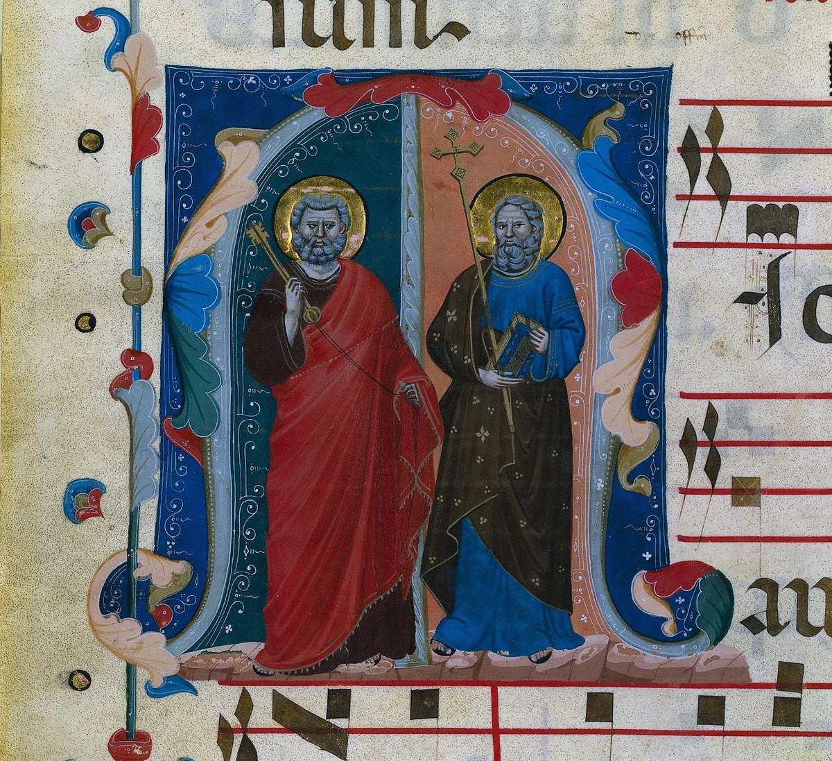 Leaf from a Gradual with Historiated Initial (M): Saints Peter and Andrew by Master of Isaac and Esau, manuscript, 1320-1340
