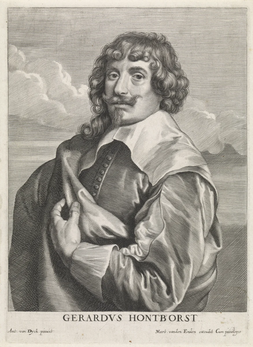 Portret van de schilder Gerard van Honthorst by Paulus Pontius, print, 1616-1657