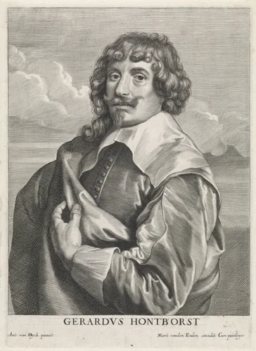 Portret van de schilder Gerard van Honthorst by Paulus Pontius, print, 1616-1657