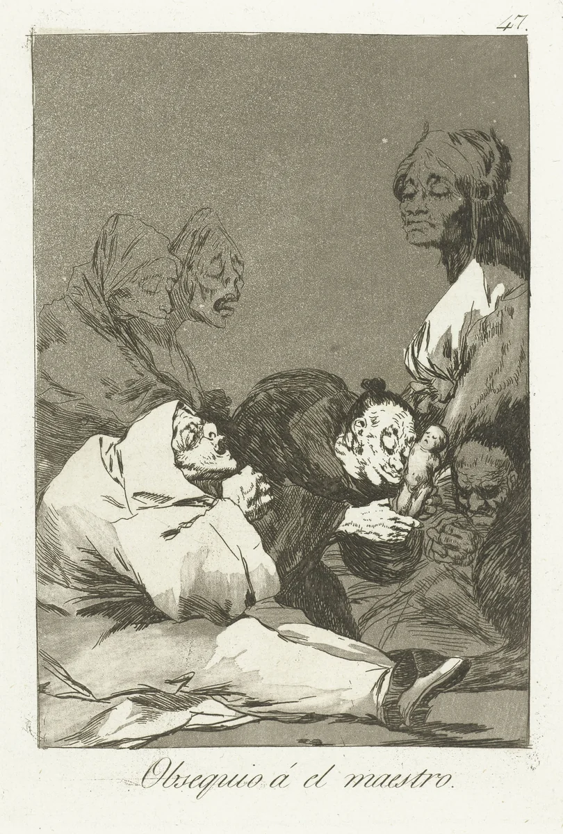 Een geschenk voor de meester by Francisco de Goya, print, 1797-1799