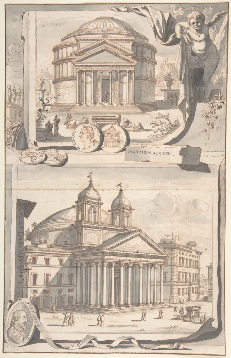 A Reconstuction of the Pantheon (above) and a View of its Appearance Around 1700 (below) by Jan Goeree, drawing, 1690-1704