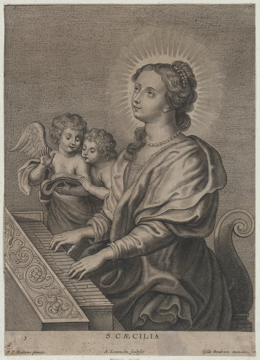 Saint Cecilia playing the organ with two putti at left by Adriaen Lommelin, print, 1649-1677