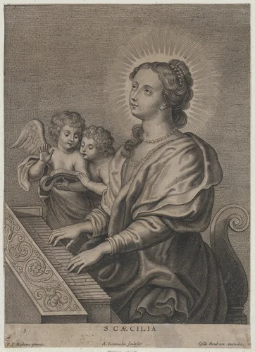 Saint Cecilia playing the organ with two putti at left by Adriaen Lommelin, print, 1649-1677