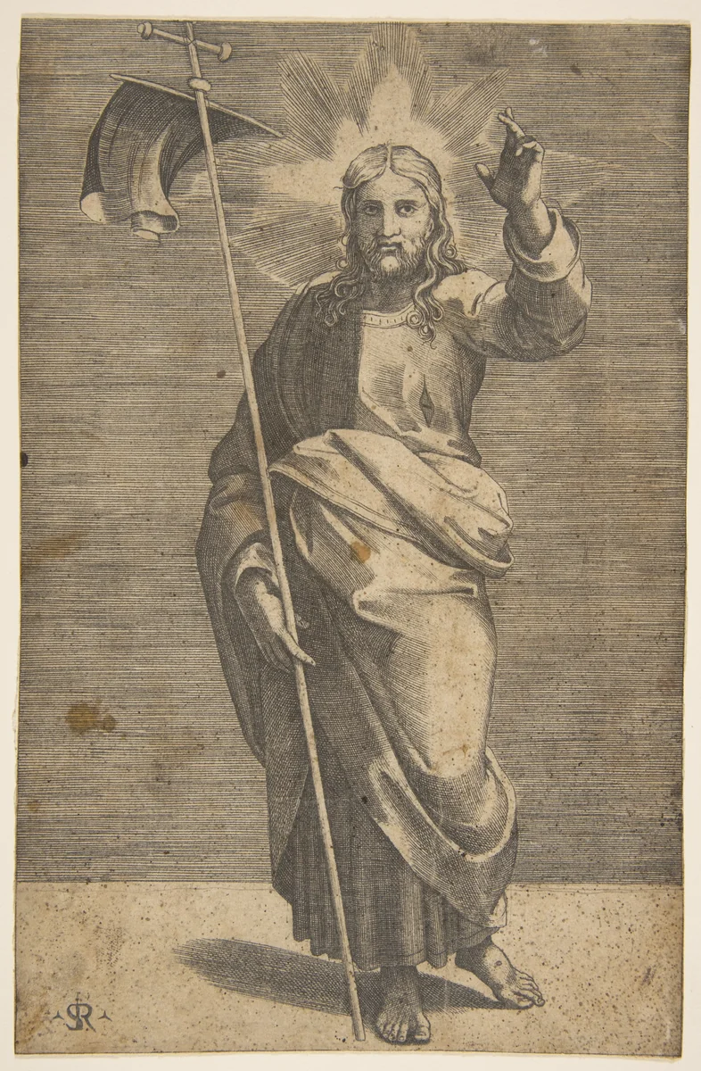 Christ standing facing forward, holding a cross with a banner and raising his left hand by Marco Dente, print, 1510-1532