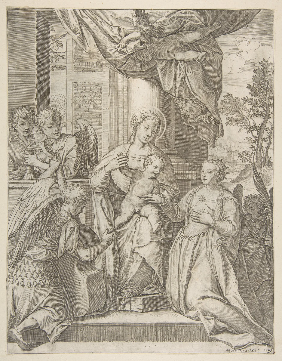 The mystic marriage of Saint Catherine who sits at center with the Christ child, angels with instruments at the left by Agostino Carracci, print, 1585