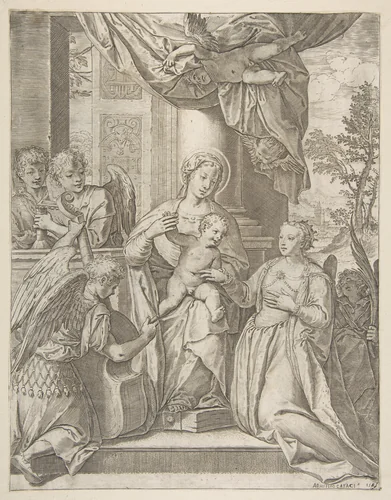 The mystic marriage of Saint Catherine who sits at center with the Christ child, angels with instruments at the left by Agostino Carracci, print, 1585