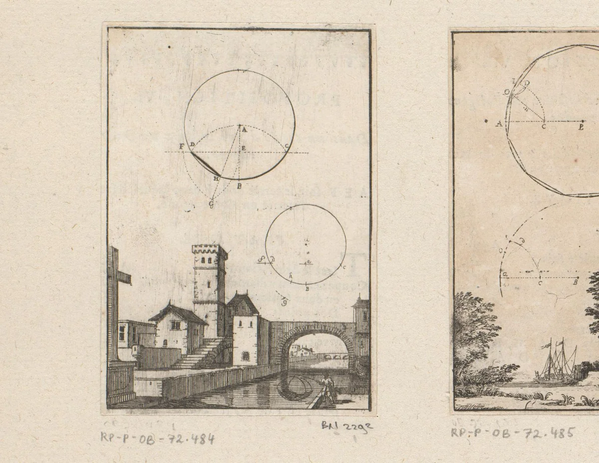Opbouw van een negenhoek in een cirkel met onderaan een gezicht op een stad by Sébastien Leclerc, print, 1669