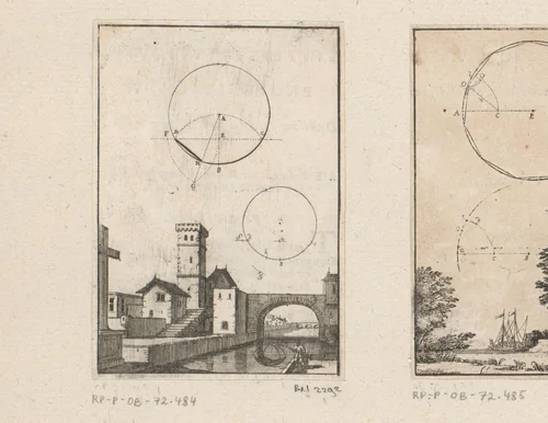 Opbouw van een negenhoek in een cirkel met onderaan een gezicht op een stad by Sébastien Leclerc, print, 1669