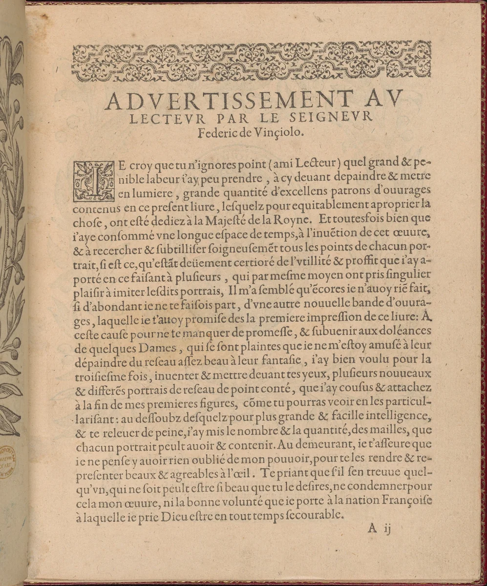 Les Singuliers et Nouveaux Portraicts... page 2 (recto) by Federico de Vinciolo, book, 1588