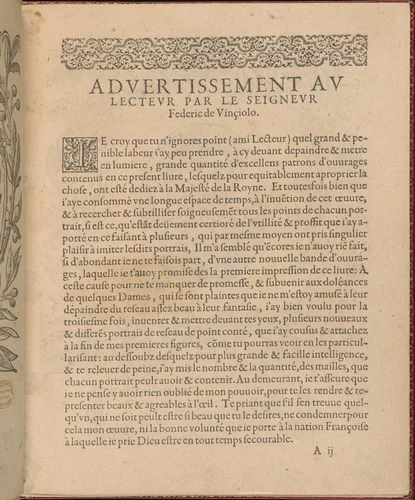 Les Singuliers et Nouveaux Portraicts... page 2 (recto) by Federico de Vinciolo, book, 1588