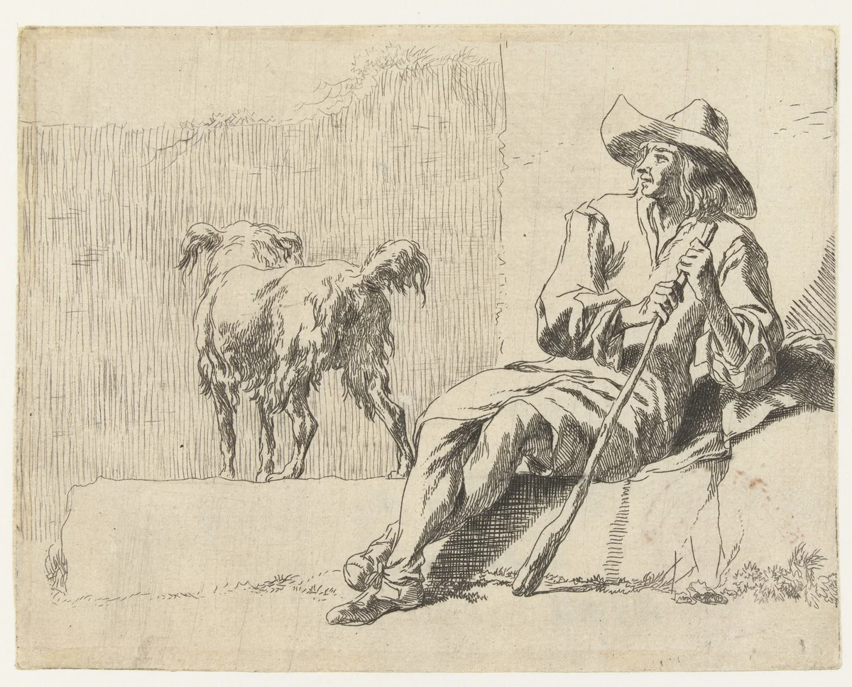 Zittende herder met zijn hond by Nicolaes Pietersz Berchem, print, 1648-1652