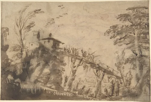 Landscape with Figures Crossing a Bridge (recto); Study of a Nude Male, Study of Legs, Study of Head in Profile to the Right (verso) by anonymous, drawing, 1600-1700