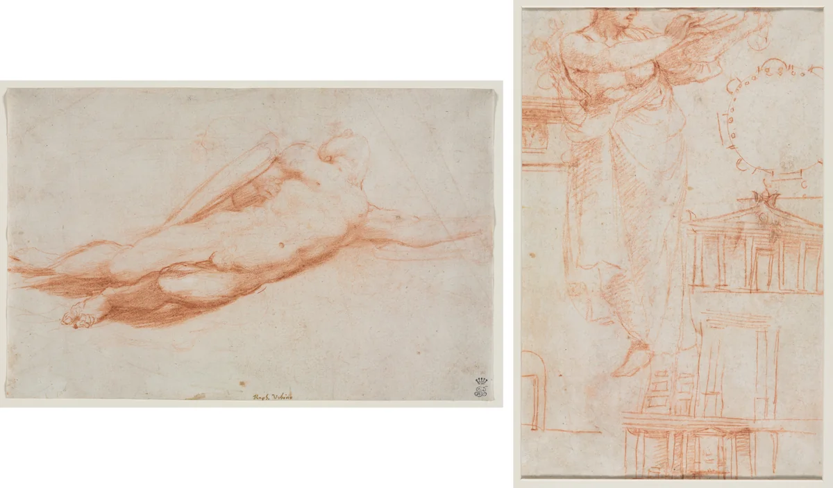 Study of a Fallen Soldier (possibly the Conversion of Saul) (recto); A Draped Female Figure (possibly an Amazon) and Architectural Studies (verso) by Correggio, drawing, 1500-1550