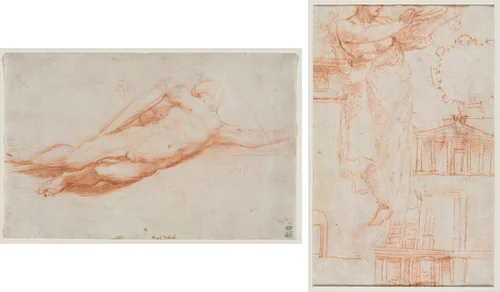 Study of a Fallen Soldier (possibly the Conversion of Saul) (recto); A Draped Female Figure (possibly an Amazon) and Architectural Studies (verso) by Correggio, drawing, 1500-1550