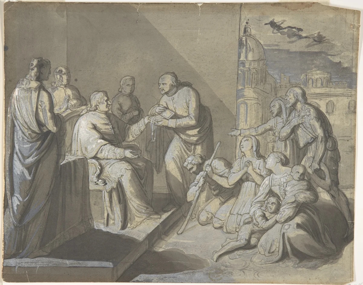 Scene with the Presentation of a Saint's Relic (recto); Head of a Woman (verso) by anonymous, drawing, 1800-1900