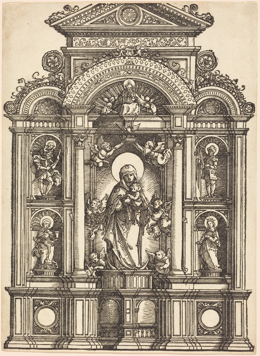 Altarpiece with the Beautiful Virgin of Regensburg and Saints Christopher, Mary Magdalene, Florian, and Catherine Standing in Niches, with God the Father Above by Albrecht Altdorfer, print, 1520