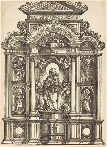 Altarpiece with the Beautiful Virgin of Regensburg and Saints Christopher, Mary Magdalene, Florian, and Catherine Standing in Niches, with God the Father Above by Albrecht Altdorfer, print, 1520