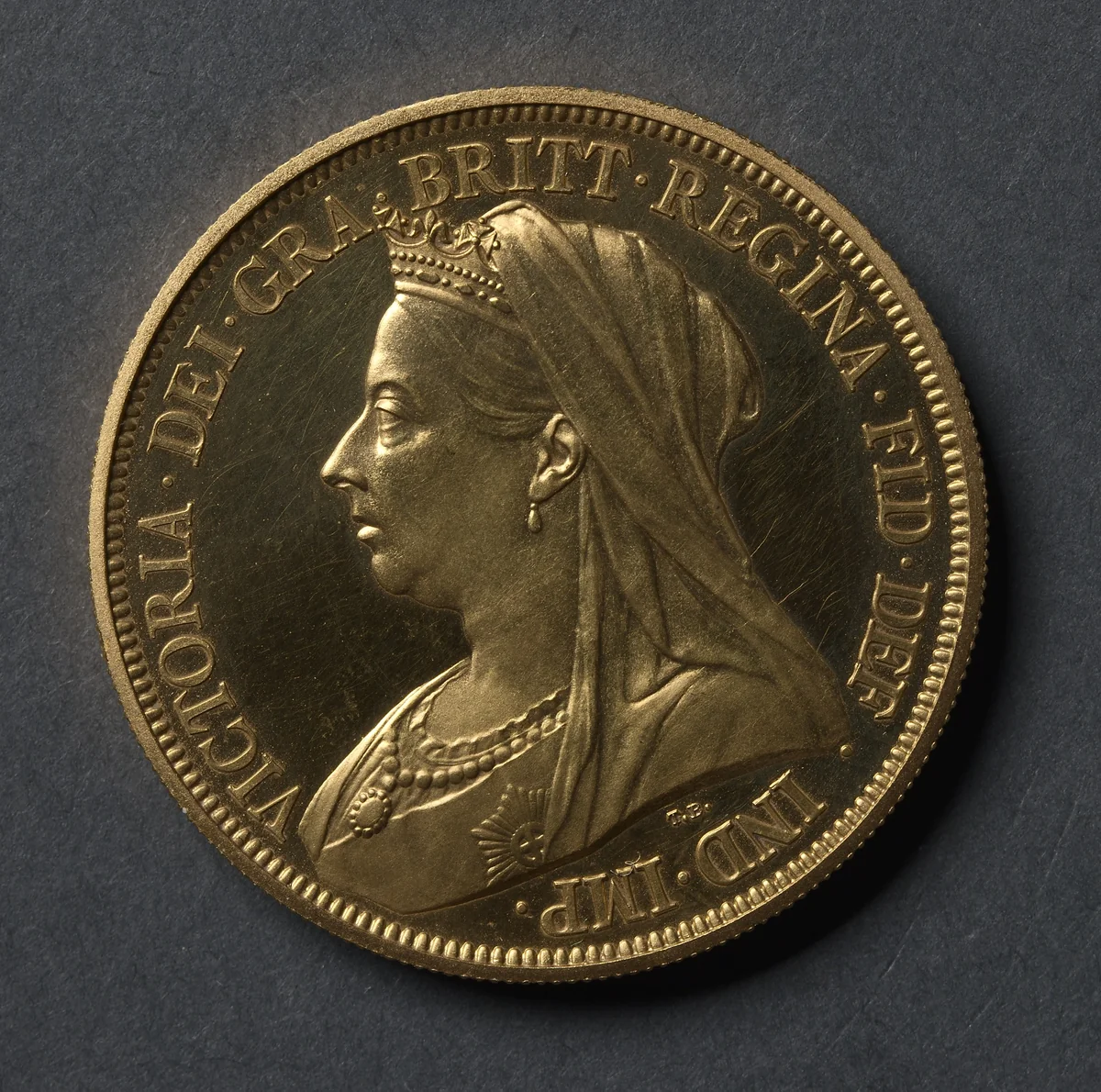 Five Pound Piece: Portrait of Queen Victoria (obverse) by Thomas Brock, metalwork, 1893