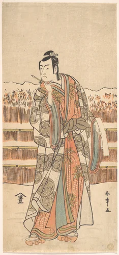 The Second Ichikawa Monnosuke as a Man of High Rank Standing in the Snow by Katsukawa Shunshô (勝川春章), print, 1784-1789