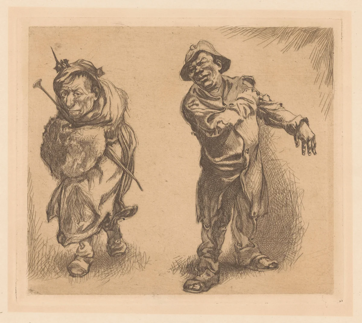 Twee groteske landlopers by Johannes Josephus Aarts, print, 1881-1934