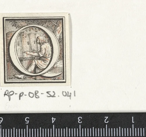 Hoofdletter O met beeltenis van een figuur en bijenkorven by Jacob Folkema, print, 1702-1767