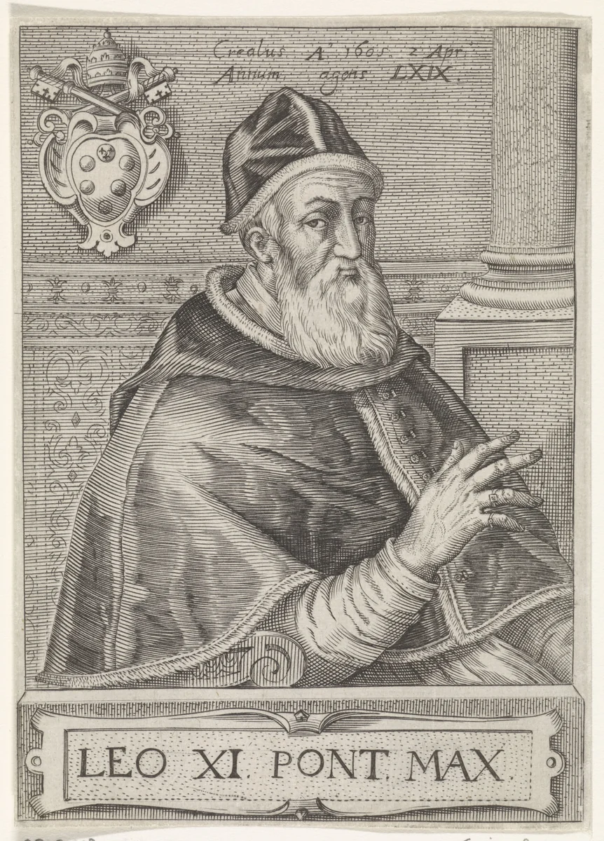 Portret van paus Leo XI by anonymous, print, 1605