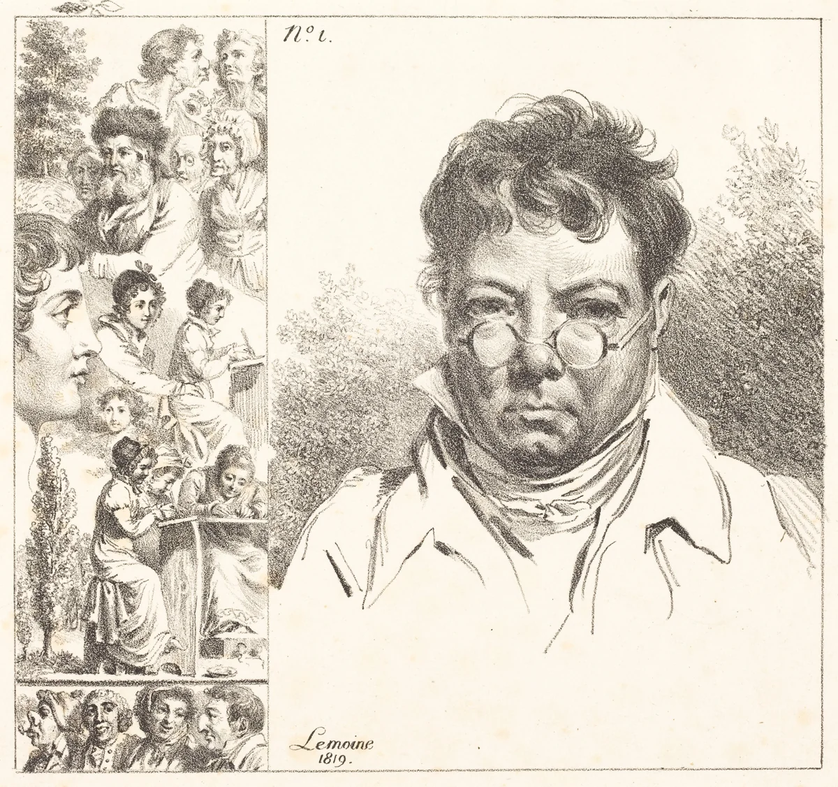 Self-Portrait and Other Heads by Jacques-Antoine-Marie Lemoine, print, 1819