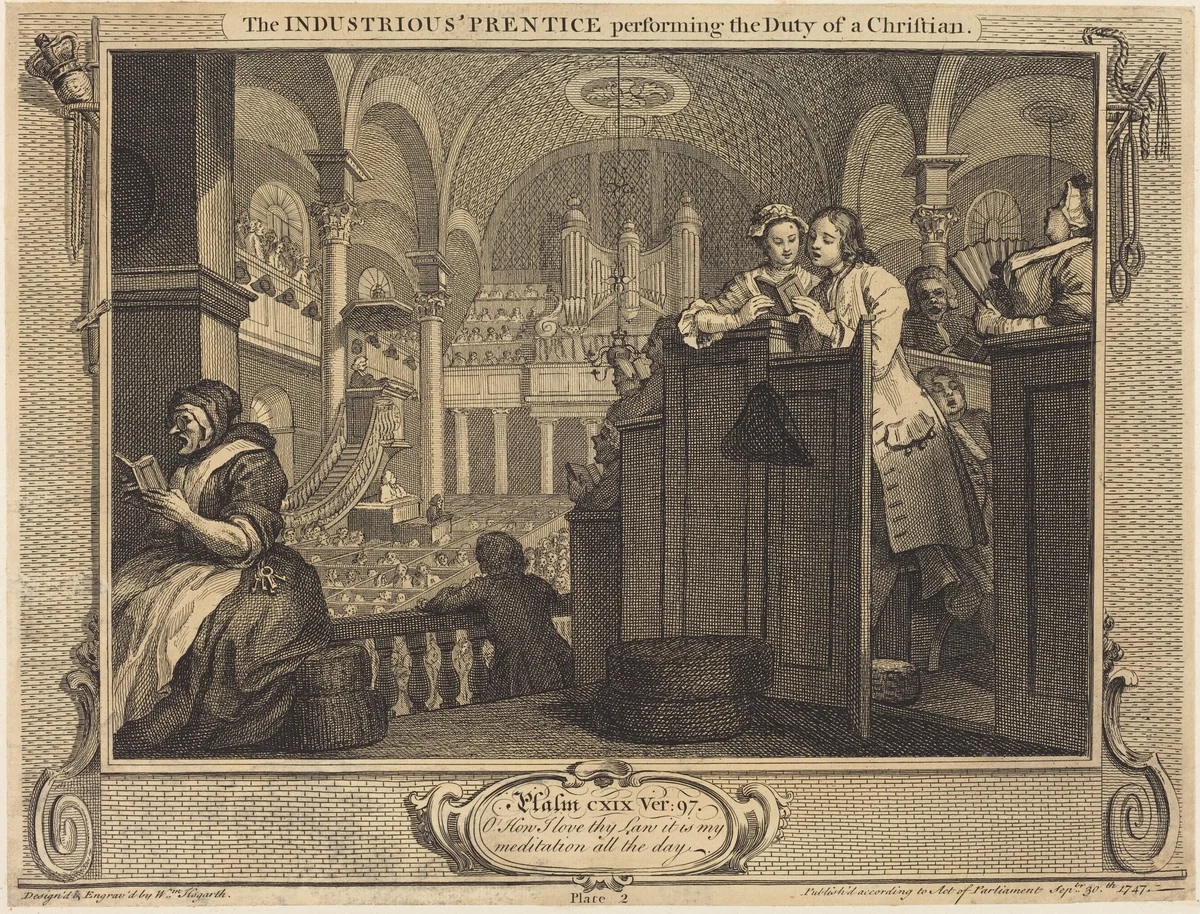 The Industrious 'Prentice performing the Dutyof a Christian by William Hogarth, print, 1747