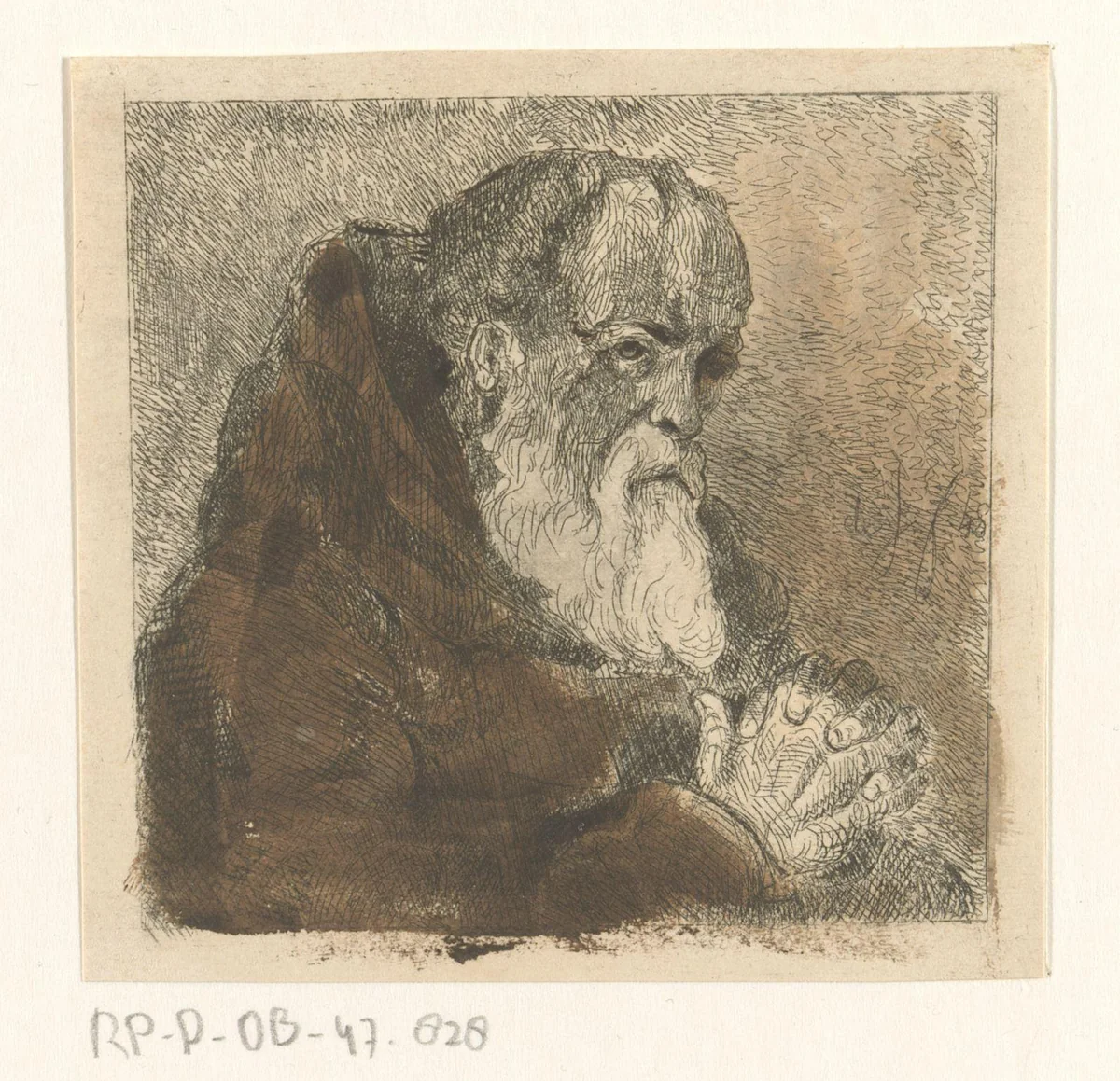 Biddende monnik by Jan Karel Jacob de Jonge, print, 1843-1880